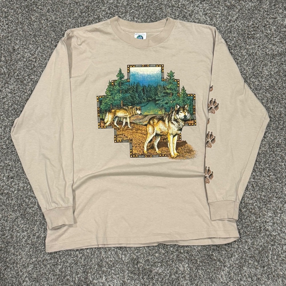 Vintage 90s Belton Wolf Nature Graphic Long Sleeve Shirt Mens XL Single Stitch